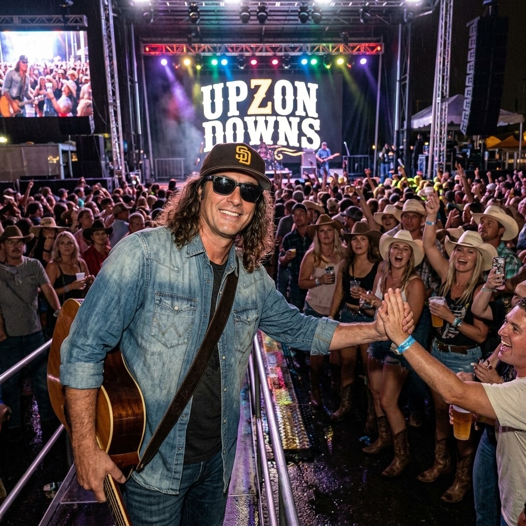 UpZon Downs with a guitar and a crowd of fans